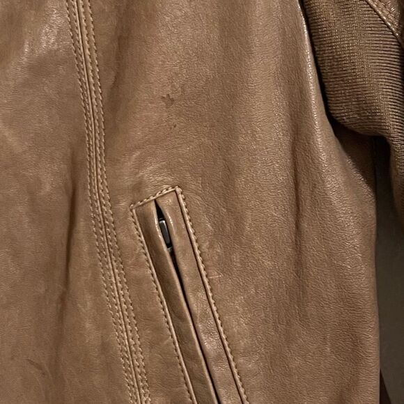 June Brown Leather Biker Moto Jacket Coat Wool Blend Knit Sleeve Size M - Picture 8 of 15